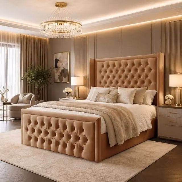 Desire Deco Sandra Plush Velvet Wingback Ottoman Storage Bed Frame in Beige, W/D/H: 90 x 190 cm