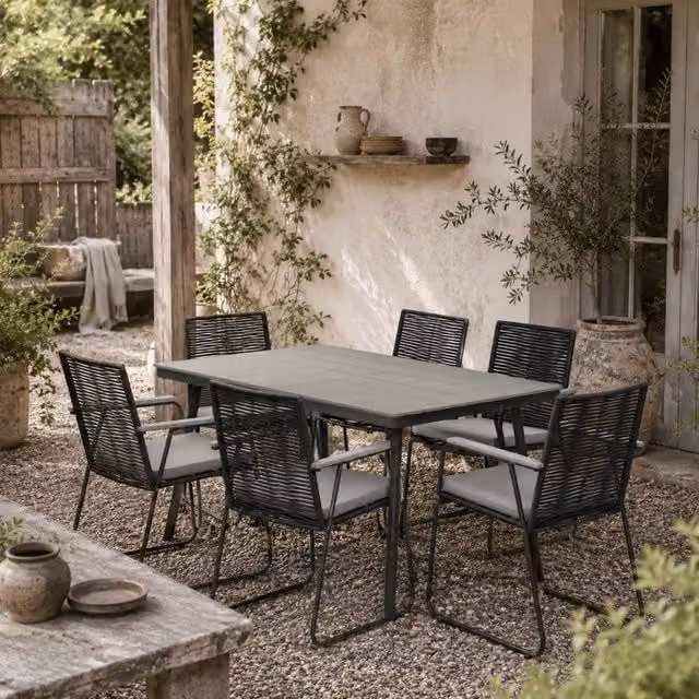 Wyld Haus Karutte 6 Seater Outdoor Dining Set with Rectangular WPC Table and 6 Cushioned Chairs in Grey