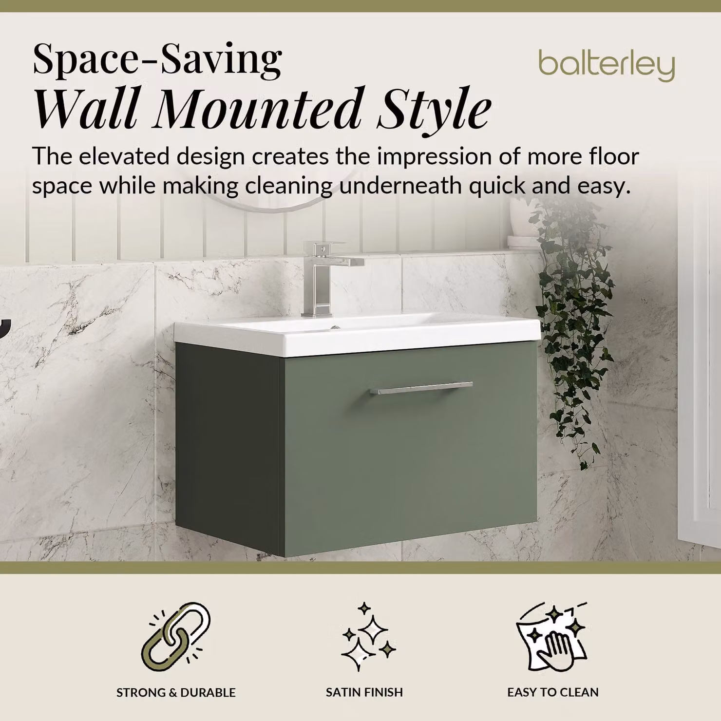 Balterley Modern Wall Hung Bathroom Vanity Unit with 2 Soft Close Drawers, Satin Green, Width: 61 cm – 2