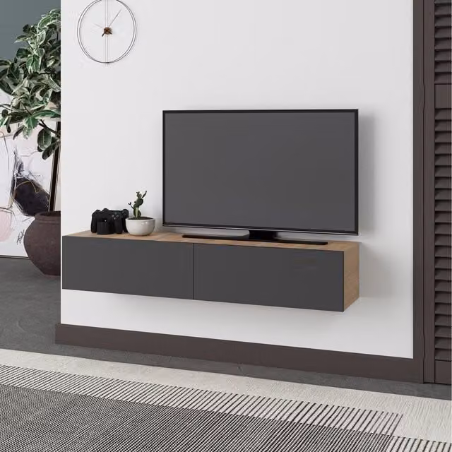 Decortie Francy Modern Wall Mounted TV Unit, Anthracite Grey and Oak
