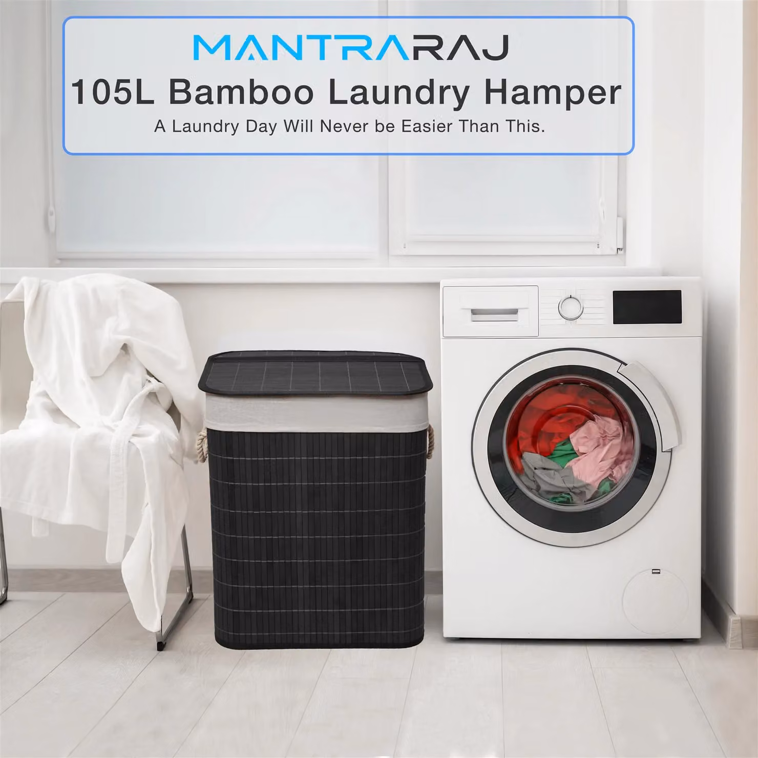 MantraRaj 105L Bamboo Laundry Basket with Lid and Two Compartments, Black and Grey – 6