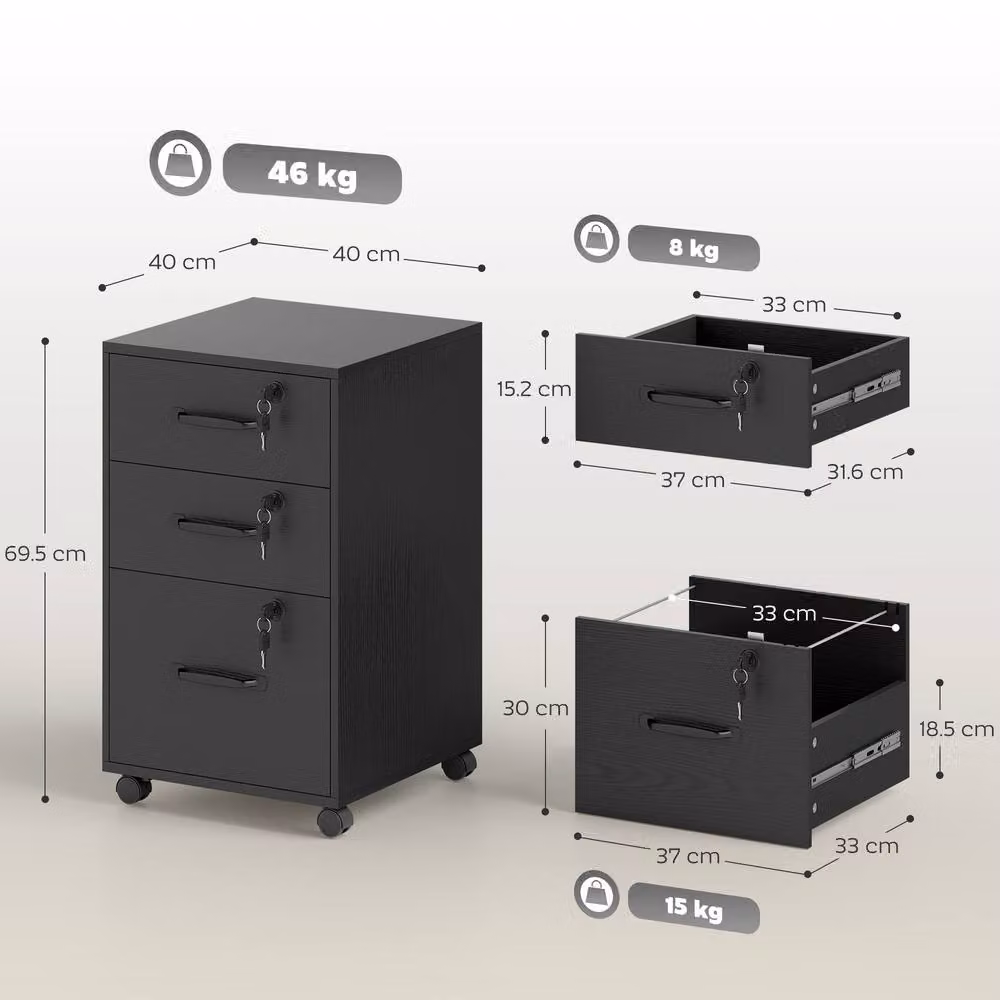 STILVORA Three Drawer Filing Cabinet with Locks and Castors in Black, W/D/H: 40 x 40 x 69.5 cm – 3