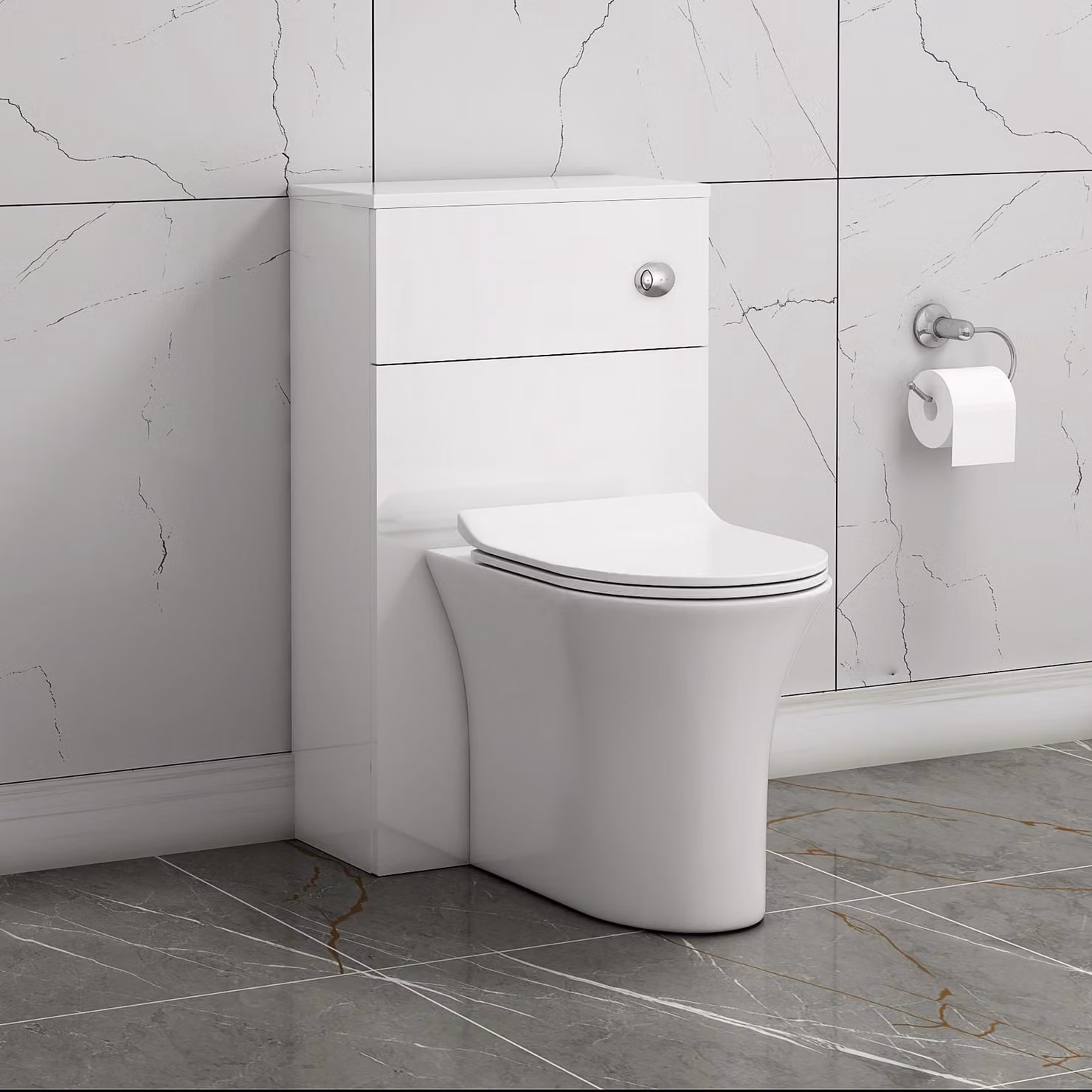Royal Bathrooms Gloss White 500mm BTW WC Unit with Breeze Rimless Ceramic Toilet Pan, Seat and Cistern