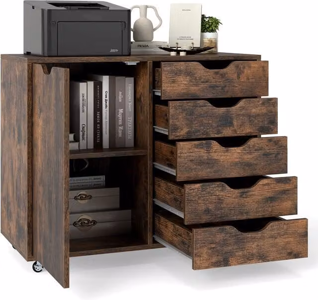 Gymax 5-Drawer Mobile Chest of Drawers with Adjustable Shelf and Lock, Brown