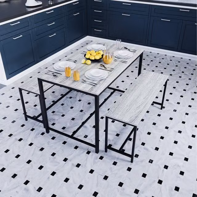 Vida Designs Brooklyn Industrial 4 Seater Dining Set with Rectangular Wood Table and Benches in Grey and Black