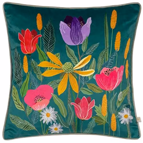 Riva Home House Of Bloom Celandine Floral Velvet Cushion, Petrol, W/D/H: 43 x 43 x 43 cm