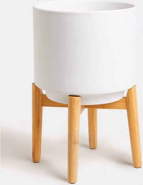 M&S Large White Ceramic Round Tabletop Planter with Wood Stand