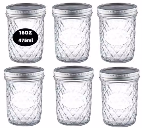Simpa 6 Pack Quilted Geometric Glass Mason Jars with Silver Metal Airtight Lids, 475 ml – 1