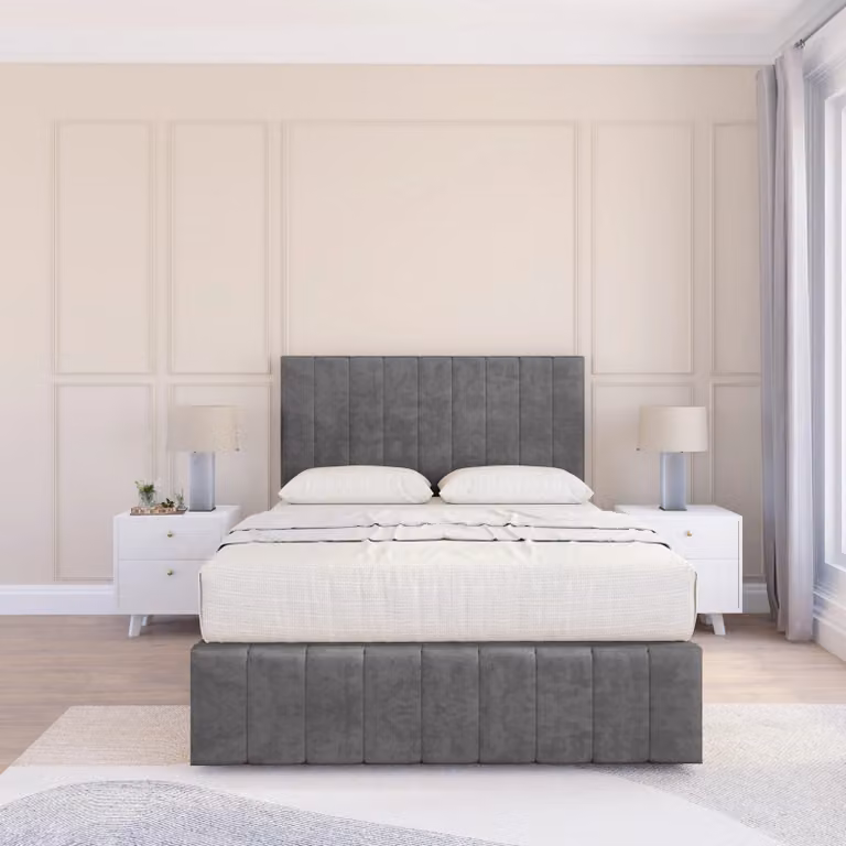 Sloomy California Divan Bed Base in Dark Grey Velvet with 54 inch Floor Standing Chesterfield Headboard and 12 inch Footboard, Super King, W: 200 cm, D: 200 cm