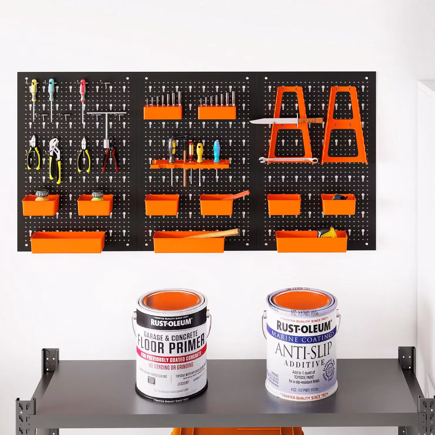 Costway Pegboard Wall Organizer with 9 Bins and Hammer Racks, Orange, W/D/H: 120 x 60 x 26 cm – 2