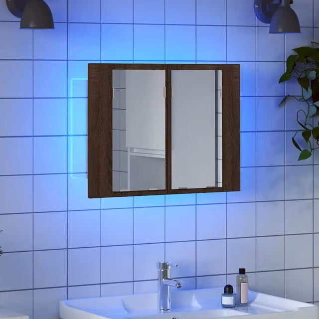 Berkfield Home LED Mirror Cabinet in Brown Oak, W: 60 cm, D: 12 cm, H: 45 cm – 1