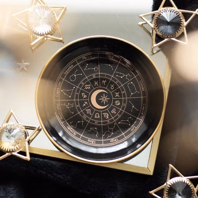 Kingsbury Gifts Round Ceramic Astrology Wheel Trinket Dish in Black and Gold