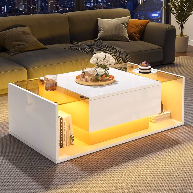 Matteo White High Gloss Coffee Table with Glass Top and LED Lights