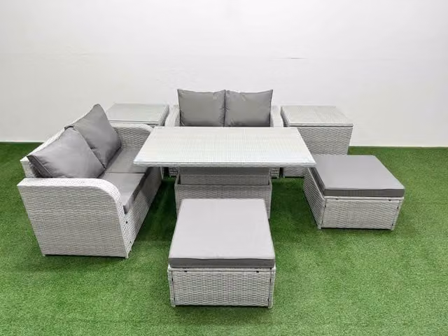 Fimous 6 Seater Rattan Garden Furniture Set in Light Grey with Adjustable Lifting Table, 2 Footstools and 2 Side Tables
