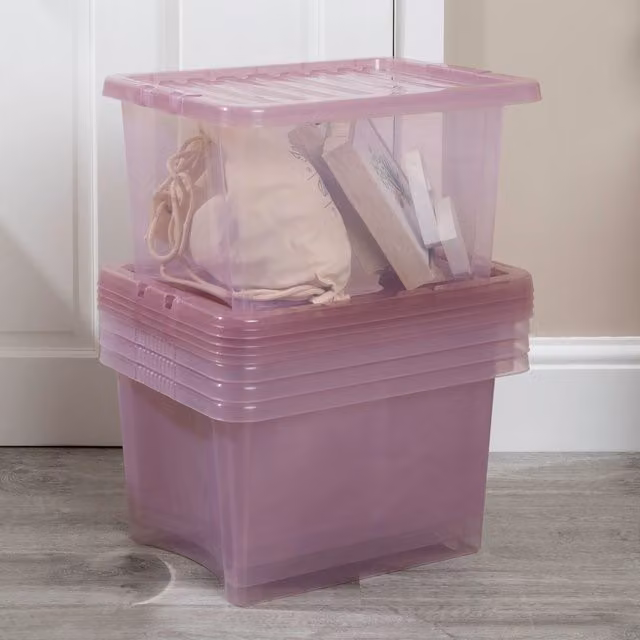 Wham Crystal 5 x 28 l Plastic Storage Boxes with Lids, Pink