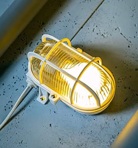 CGC Lighting White Oval Cage Bulkhead Glass and Metal Wall or Ceiling Light, IP44 Waterproof for Indoor and Outdoor Use