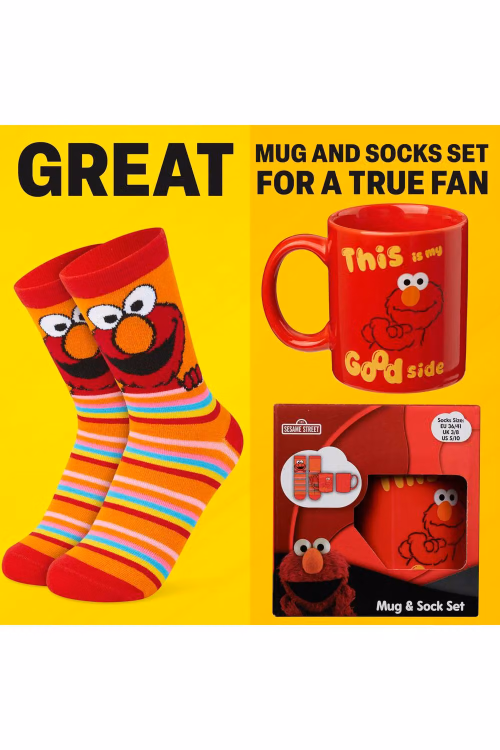 Get Trend Sesame Street Mug and Crew Socks Gift Set in Multicolour featuring Elmo and Cookie Monster, 340ml Ceramic Cup – 6