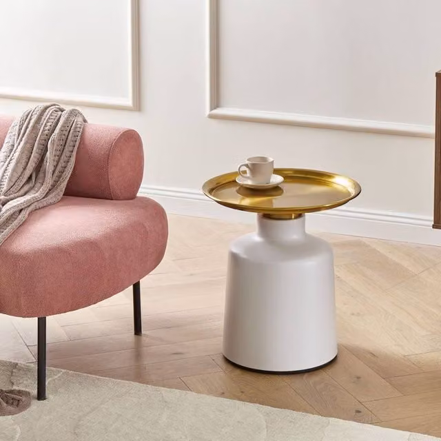 Wyld and Coco Glamour Round Metal Side Table in White and Gold – 1