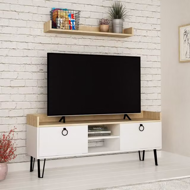 Keday Modern White TV Stand Multimedia Centre with Wall Shelf