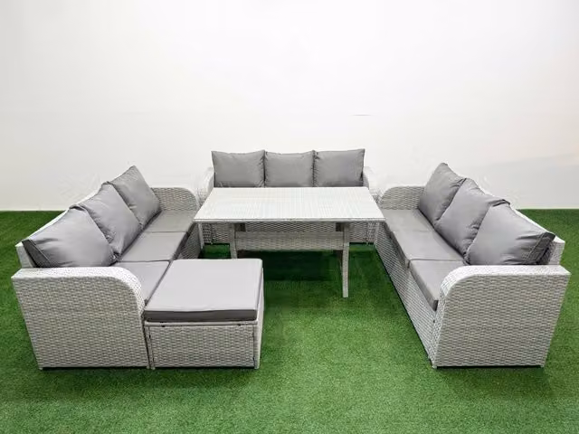 Fimous 10 Seater PE Rattan Outdoor Garden Furniture Set with Rectangular Dining Table, 3 Seater Sofa and Large Footstool in Light Grey