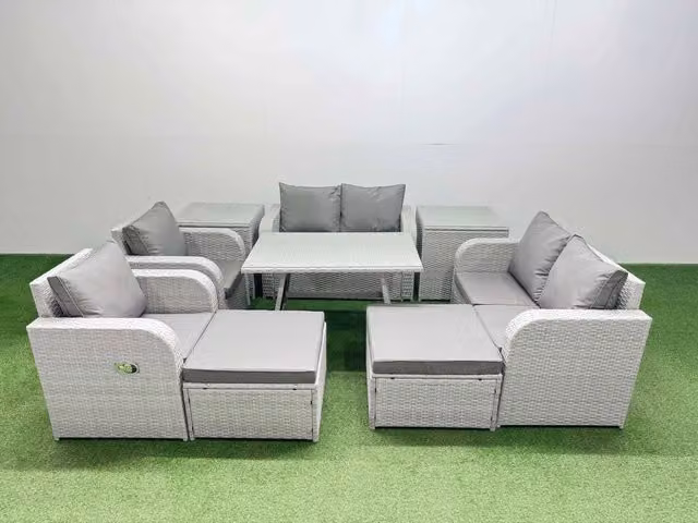 Fimous 8 Seater Rattan Garden Furniture Set in Light Grey with Upholstered Cushions and Powder Coated Steel Frame