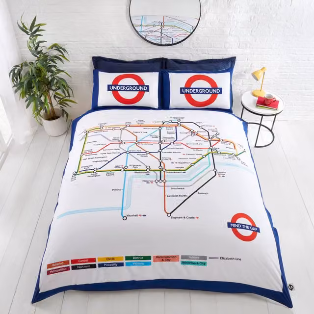 Rapport Home London Underground Reversible Duvet Cover and Pillowcase Set, Multicolour/White, W: 180 cm, L: 200 cm