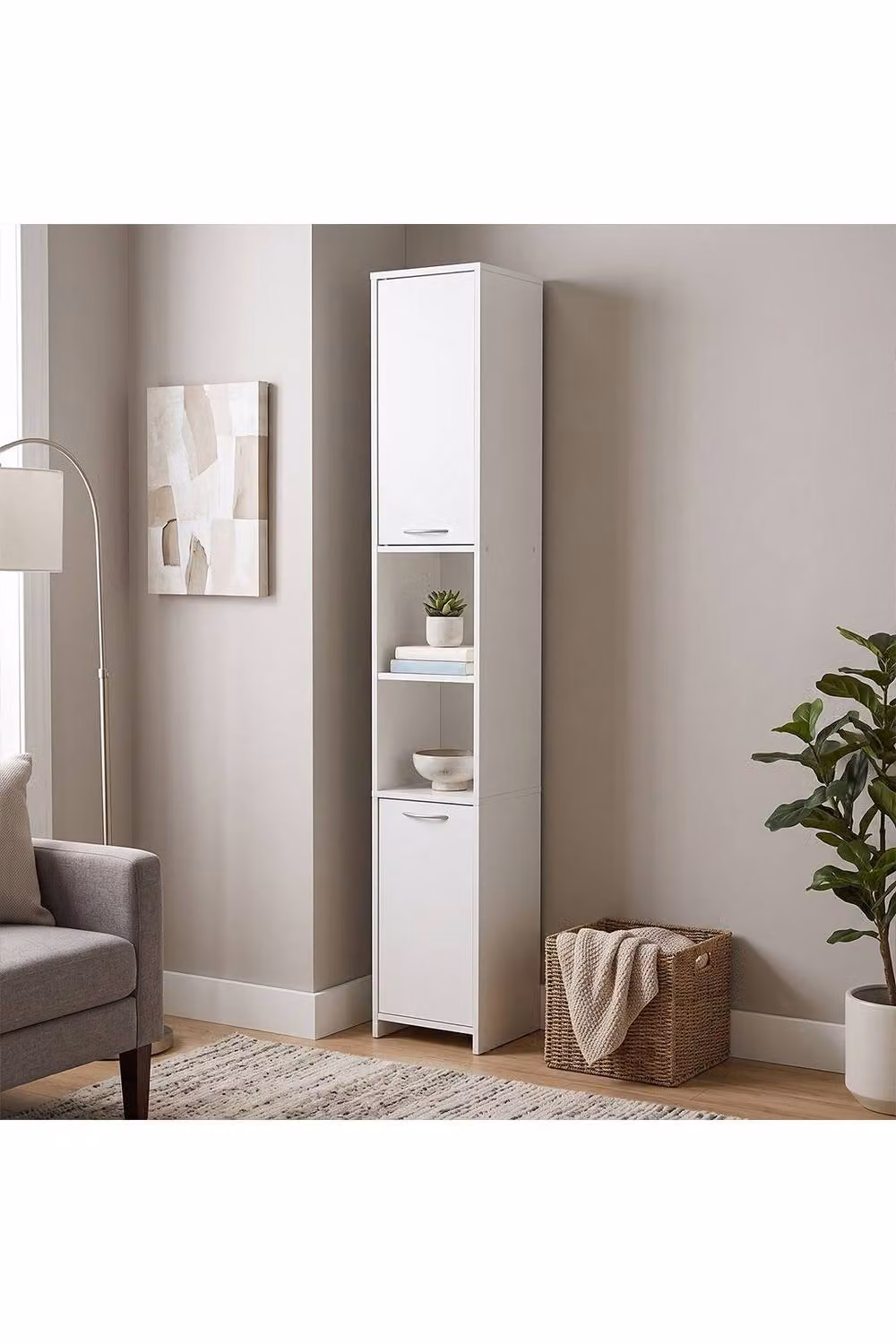 Living and Home Modern Tall Freestanding Bathroom Storage Cabinet with Double Hinged Doors in White and Silver – 2
