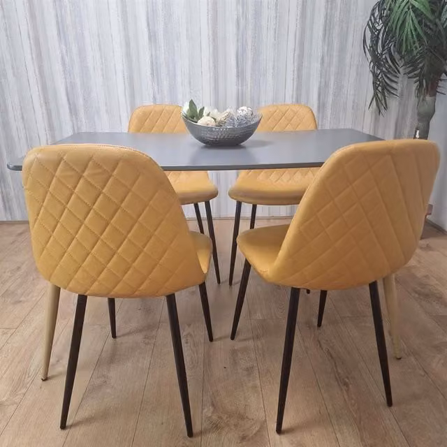 Kosy Koala Modern Grey Rectangular Dining Table with 4 Yellow Geometric Patterned Chairs