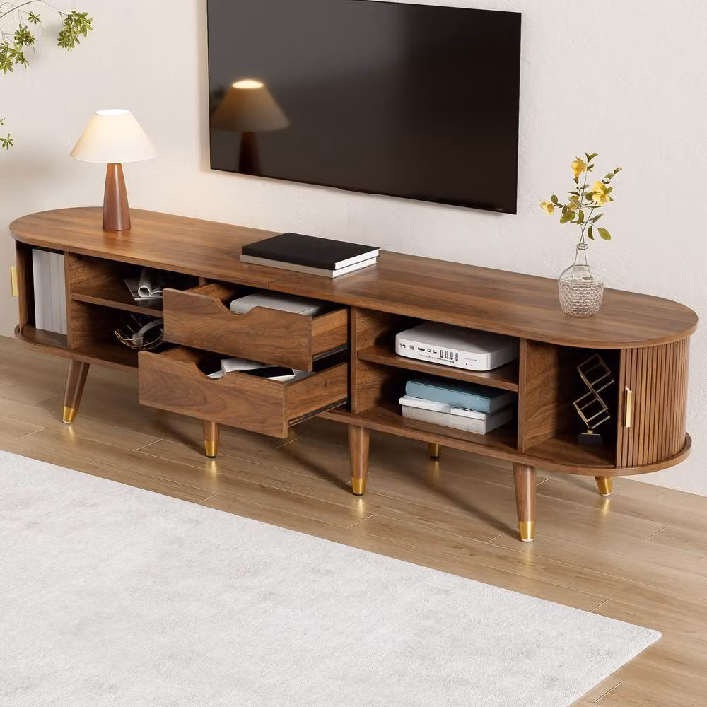 ModernLuxe Country-style TV cabinet with sliding door, shelves and drawers in Brown, W: 175.0 cm, H: 45.0 cm, D: 38.0 cm – 3