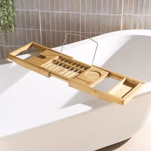 OHS Adjustable Bamboo Bath Tray with Metal Accents in Brown and Beige – 1