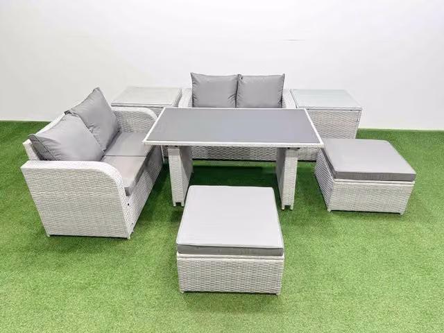 Fimous 7 Piece Outdoor PE Rattan Sofa Set with Cushions and 2 Side Tables in Light Grey