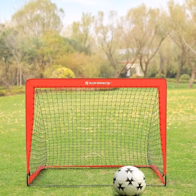 The Bazaarist Set of 2 Red Foldable Kids Football Training Goals with Metal and Textile Construction W/H: 120 x 80 x 36 cm