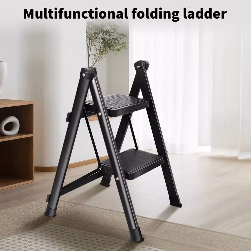 FLAVORA Black 2 Step Steel Foldable Ladder Stool with Rubber Feet, W: 40 cm, H: 100 cm, D: 40 cm – 3