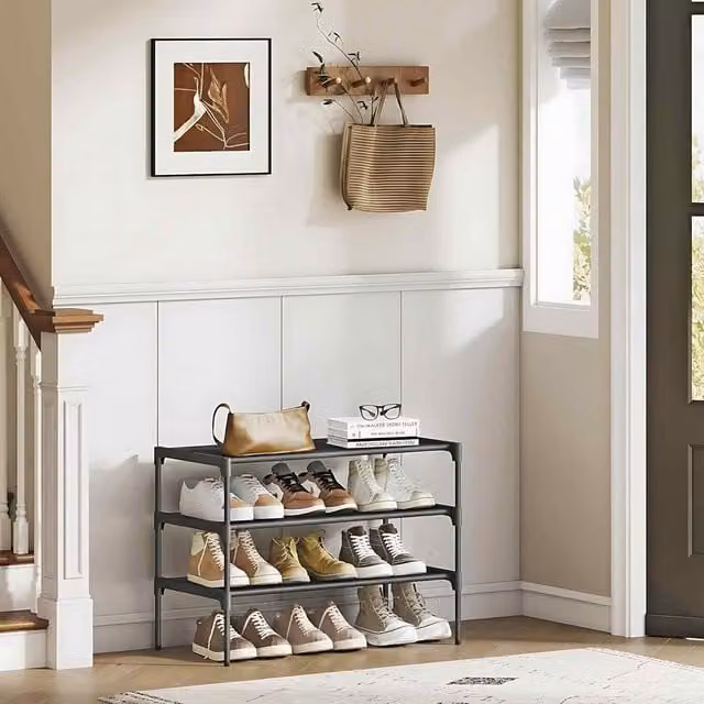 The Bazaarist 3 Tier Shoe Rack with Adjustable Fabric Shelves and Metal Frame, Black