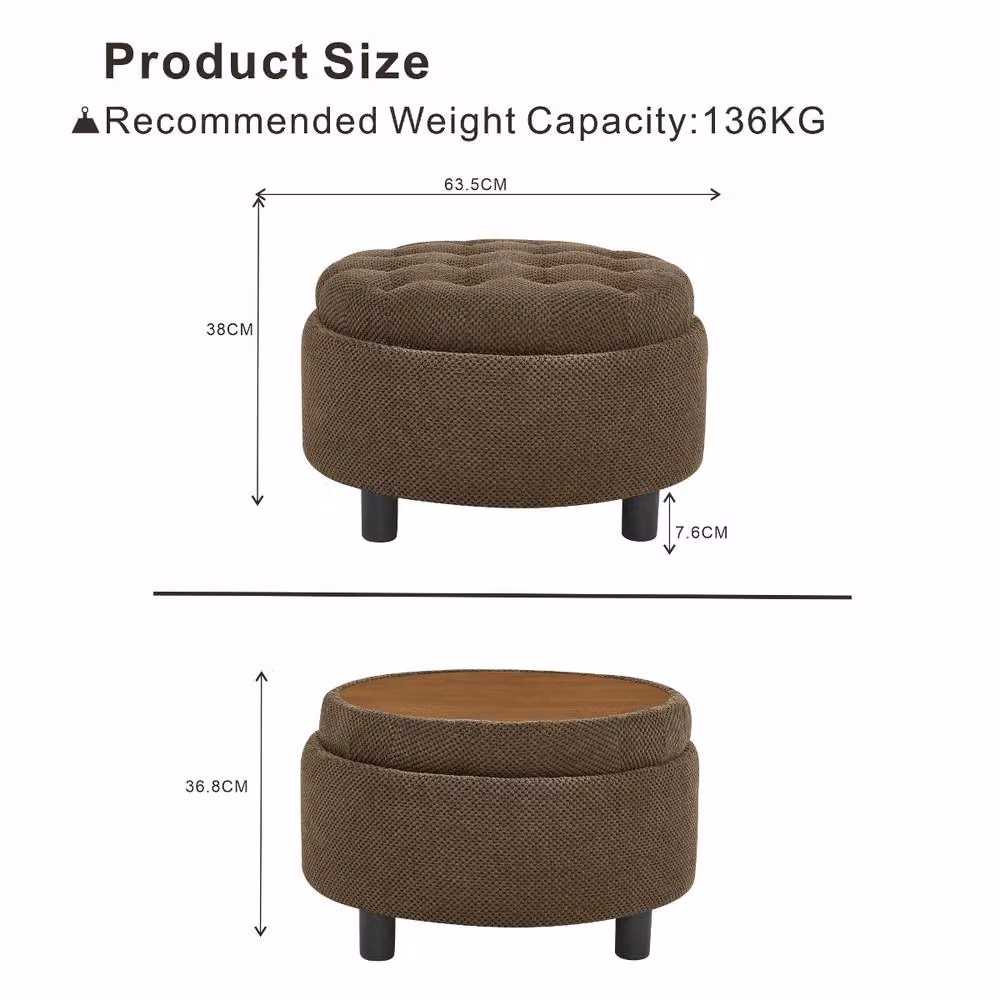 Rolipo Round Storage Ottoman and Coffee Table with Tray in Brown Nubby Fabric Upholstery – 2