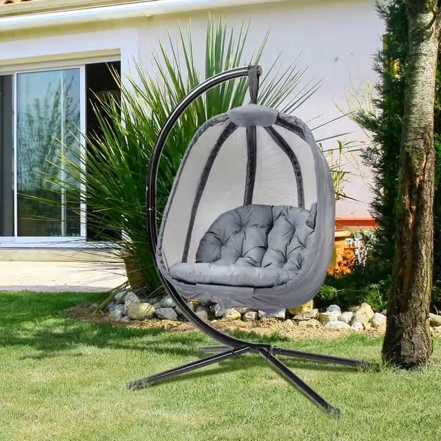 Outsunny Folding Texteline Hanging Egg Chair Swing Hammock with Side Pocket in Grey
