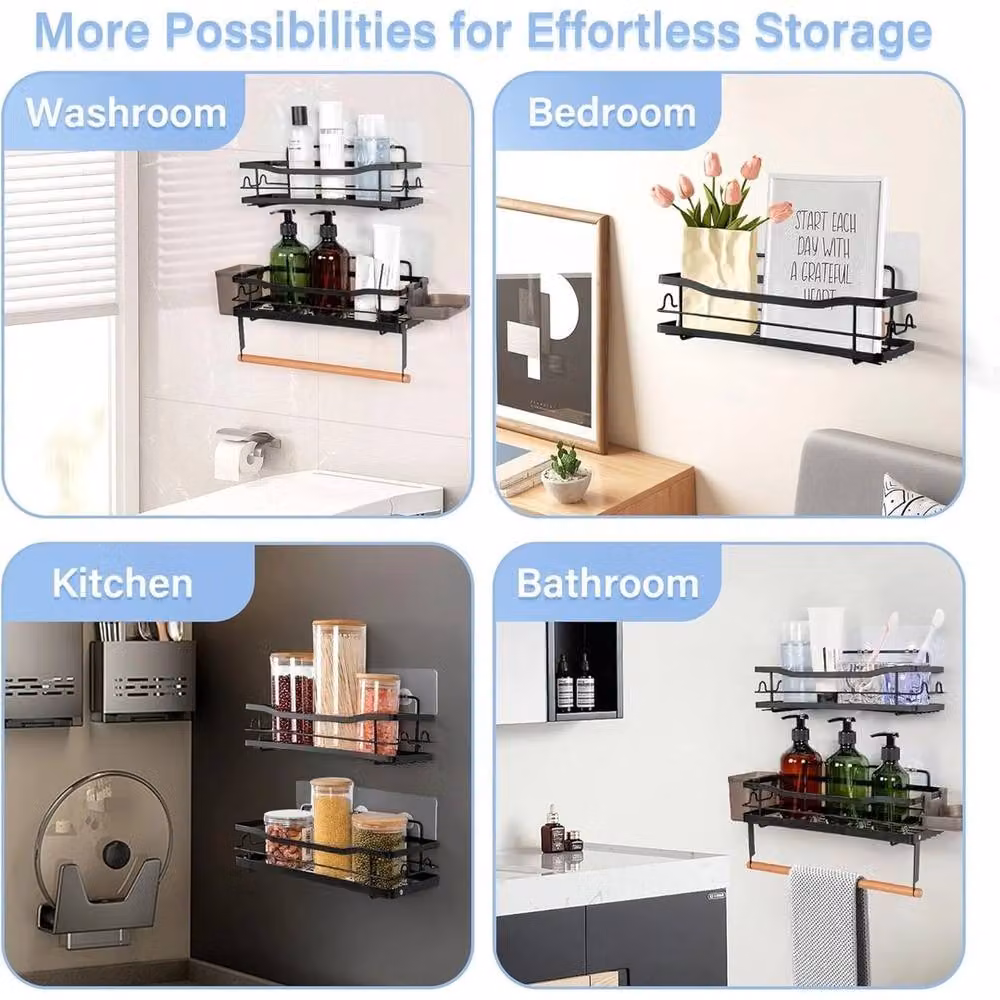 NESTLUNE Set of 2 Self-Adhesive Black Bathroom Shower Shelves with Soap Dish and Toothbrush Holder – 3