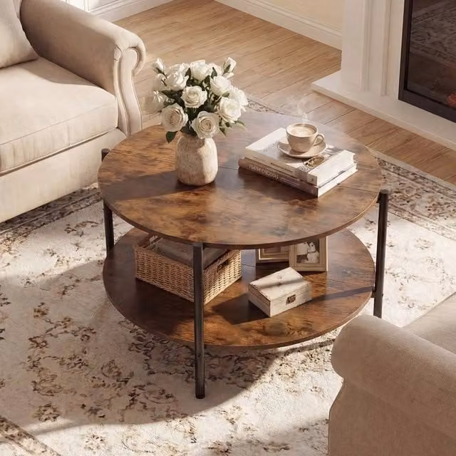 KORVIXA Modern Round Coffee Table with Brown Matt Metal Frame, Diameter: 100 cm, Height: 47 cm