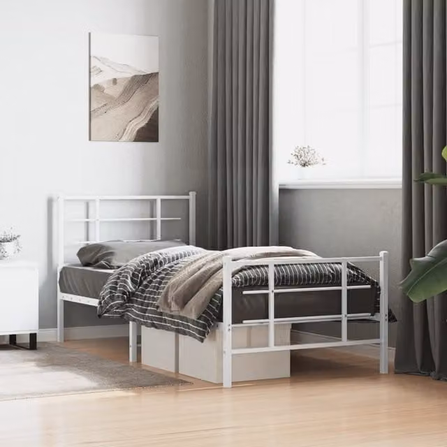Berkfield Home Metal Bed Frame with Footboard in White, W/D/H: 90 x 190 cm