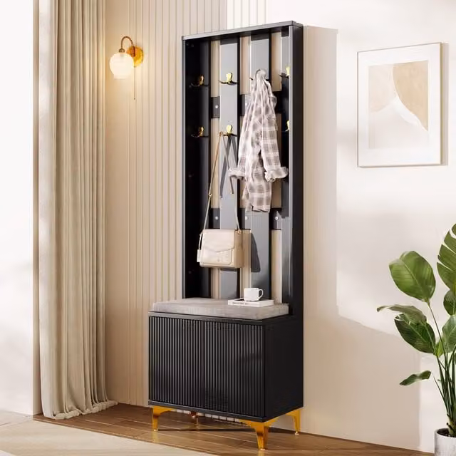 Aosom UK Elegant Wardrobe Set with Shoe Bench and Cushion in Black and Gold, H 180.5 x W 60.5 x D 35 cm – 1