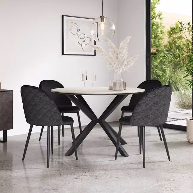 More4Homes Calne White Marble Ceramic Round Dining Table and 6 Black Raye Velvet Chairs – 1