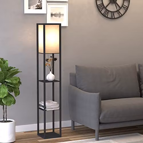 HOMCOM 3-Tier Floor Lamp with Storage Shelves, Black – 2