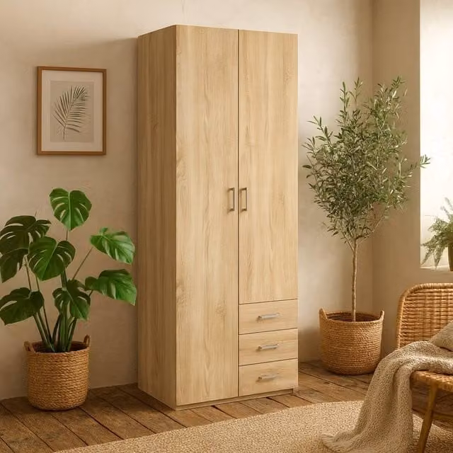 Wyld Haus Berlin Berlin Oak Effect Wardrobe with 2 Hinged Doors, 3 Drawers and 1 Shelf in Natural Sand
