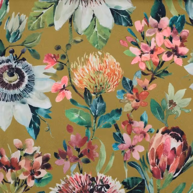Clarke & Clarke Paradise Velvet Fabric in Ochre and Multicolour
