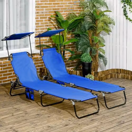 Outsunny 2 Piece Blue Folding Sun Loungers with Sun Canopy and Adjustable Headrest – 2