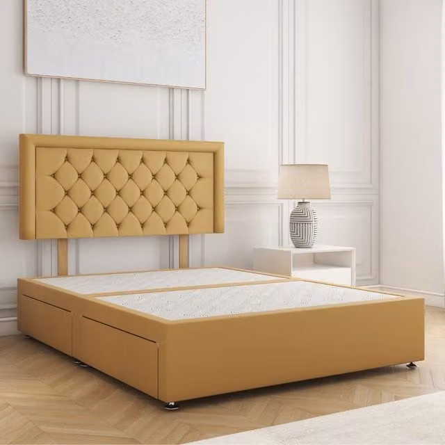 BSSPOKE Nova Plush Velvet Divan Bed with 24 inch Headboard and 4 Drawers, Mustard Yellow, W/D/H: 180 x 200 cm