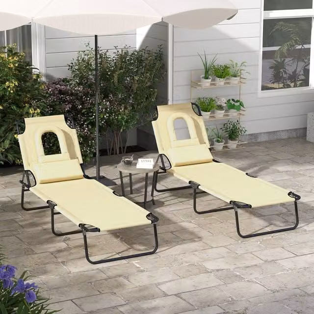 Outsunny Folding Sun Lounger with Pillow in Beige and Brown with Textilene Fabric and Powder Coated Steel Frame