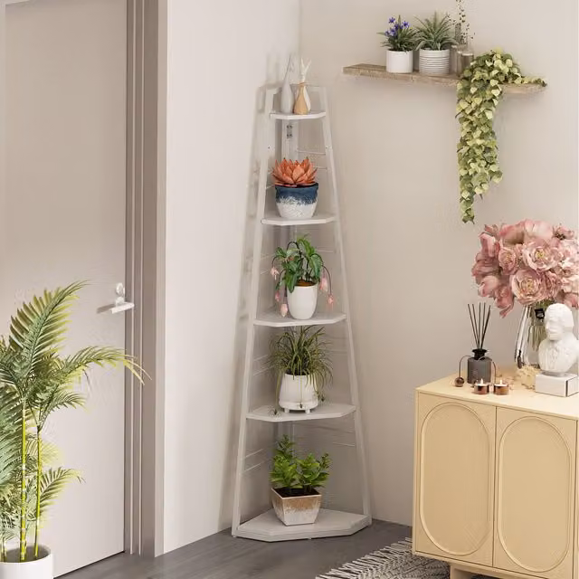 HOMCOM 5 Tier Modern White Metal Corner Shelf with Adjustable Feet