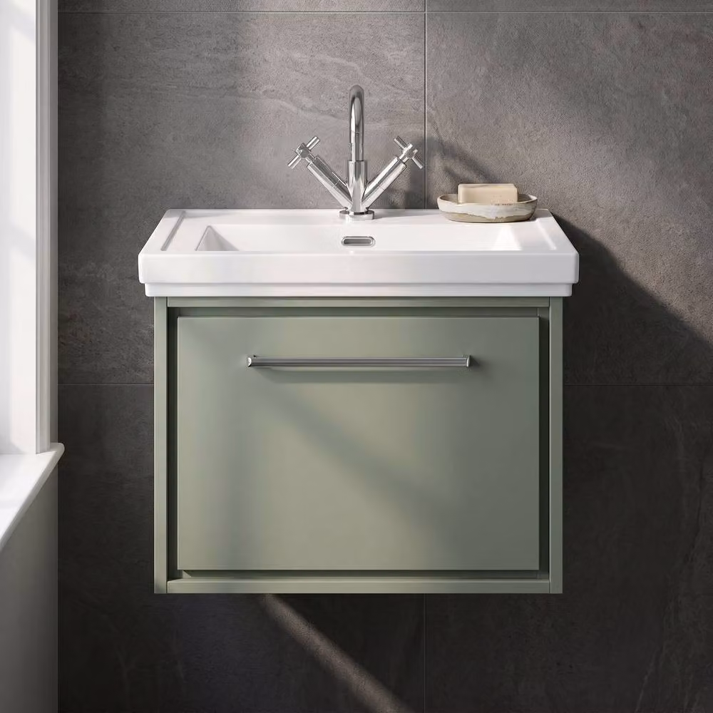 Balterley Green Wall Hung Single Drawer Bathroom Vanity with Fireclay Basin, Width: 60 cm – 3