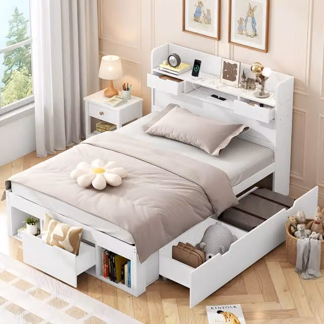 Rolipo White Single Daybed with USB Port, Drawers and Storage Cabinet, W/D/H: 90 x 190 cm – 1